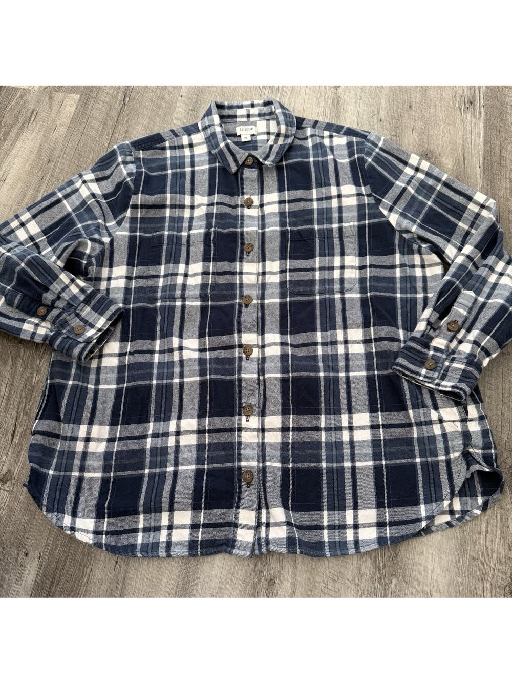 J Crew Flannel Shirt Womens Size XL Shacket Blue Plaid Side Pockets Midweight
